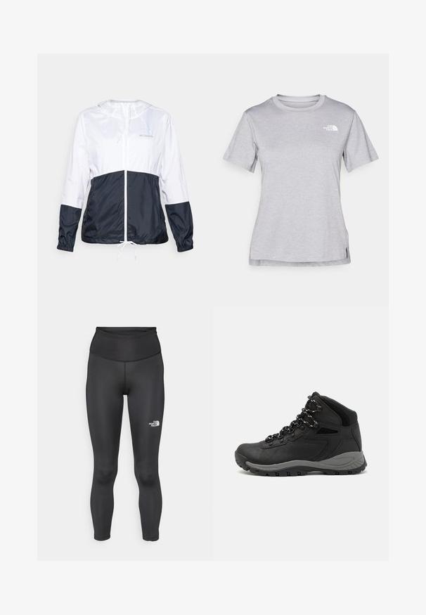 Letvægts, hættejakke i hvid og marineblå, med lynlås foran, snoretræk i bunden og elastiske manchetter; glat, blankt stof.; Grå kortærmet T-shirt lavet af blødt, fugttransporterende materiale. Har en rund hals og et lille hvidt logo øverst til venstre.; Høj talje sorte tights lavet af et glat, strækbart materiale. Har et logo på den nederste del af benet og en tætsiddende ankel længde.; Sort vandrestøvle med en mellem-højde design, der har en tekstureret overdel, grå detaljer og en holdbar gummisål med skridsikre klodser.