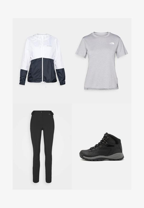 Könnyű, kapucnis dzseki fehér és tengerészkék színben, elülső cipzárral, húzózsinórral ellátott alsó széllel és rugalmas mandzsettákkal; sima, fényes anyagtextúrával.; Szürke, rövid ujjú póló, puha, nedvességet elvezető anyagból készült. Kerek nyakú, és egy kis fehér logó található a bal felső részen.; Fekete, testhezálló nadrág rugalmas anyagból. Jellemzők: cipzáras oldalzseb, artikulált térdek és sima felület.; Fekete túracipő közepes magasságú kialakítással, texturált felsőrésszel, szürke részletekkel és strapabíró gumitalppal, amelynek tapadós kiemelkedései vannak.