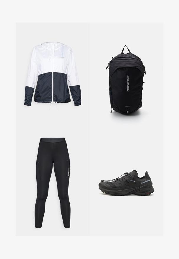 Lichte, hooded jas in wit en marineblauw, met een ritssluiting aan de voorkant, een trekkoord aan de onderkant en elastische manchetten; gladde, glanzende stoftextuur.; Witte sporttop met lange mouwen en een opstaande kraag, met een klein logo in het midden op de borst, weergegeven op een effen achtergrond.; Zwarte sportleggings met een aansluitend ontwerp, gemaakt van rekbaar materiaal. Voorzien van zijzakken en witte "TERREX" branding.; Zwarte trailschoen voor hardlopen met een gestructureerde bovenkant, meshpanelen en een veilig bevestigingssysteem. Beschikt over een robuuste buitenzool voor grip.; Zwarte rugzak met een gestroomlijnd ontwerp, textuurstof, verstelbare banden en een prominente zilveren "SALOMON" logo aan de voorkant.