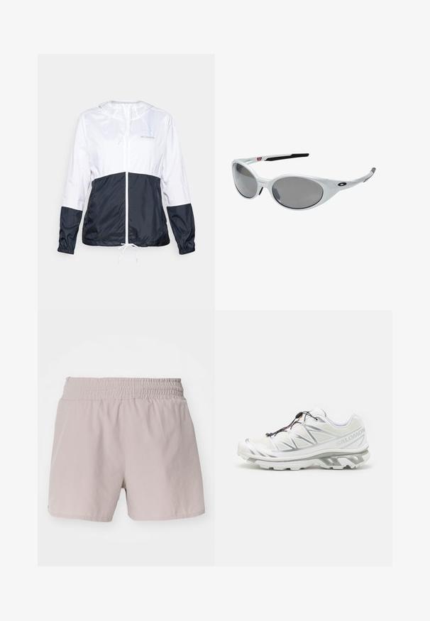 Lichte, hooded jas in wit en marineblauw, met een ritssluiting aan de voorkant, een trekkoord aan de onderkant en elastische manchetten; gladde, glanzende stoftextuur.; Donkerbruin sporttop met lange mouwen en kwart-rits, hoge kraag, klein wit logo op de borst en subtiele zijdetails.; Lichtbeige korte broek met een elastische tailleband, gladde textuur en eenvoudig ontwerp. Bevat geen zichtbare sluitingen of patronen.; Witte sportieve schoen met een gestructureerde bovenkant, reflecterende accenten en een grijze zool. Kenmerkt zich door geaccentueerde opvallende driehoekige patronen en een snelvetersysteem.; Witte kunststof zonnebril met grote ovale lenzen, grijs getint. Voorzien van zwarte oorsteunen en een klein logo op het montuur. Gladde afwerking.