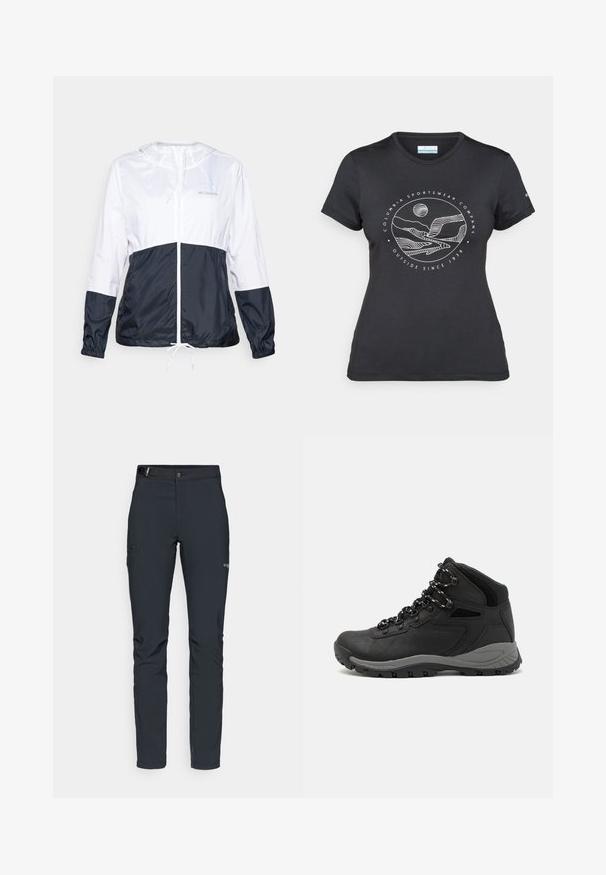 Chaqueta ligera con capucha en blanco y azul marino, con cremallera frontal, dobladillo con cordón y puños elásticos; textura de tela suave y brillante.; Camiseta negra de Columbia con un arte lineal circular de montaña y río en blanco y el texto "Columbia Sportswear Company Fuera desde 1938."; Pantalones de exterior para hombre, gris oscuro, fabricados con material flexible, con cinturón, bolsillos con cremallera y costuras reforzadas.; Bota de senderismo negra con un diseño de medio caña, que cuenta con una parte superior texturizada, acentos grises y una suela de goma duradera con tacos de tracción.