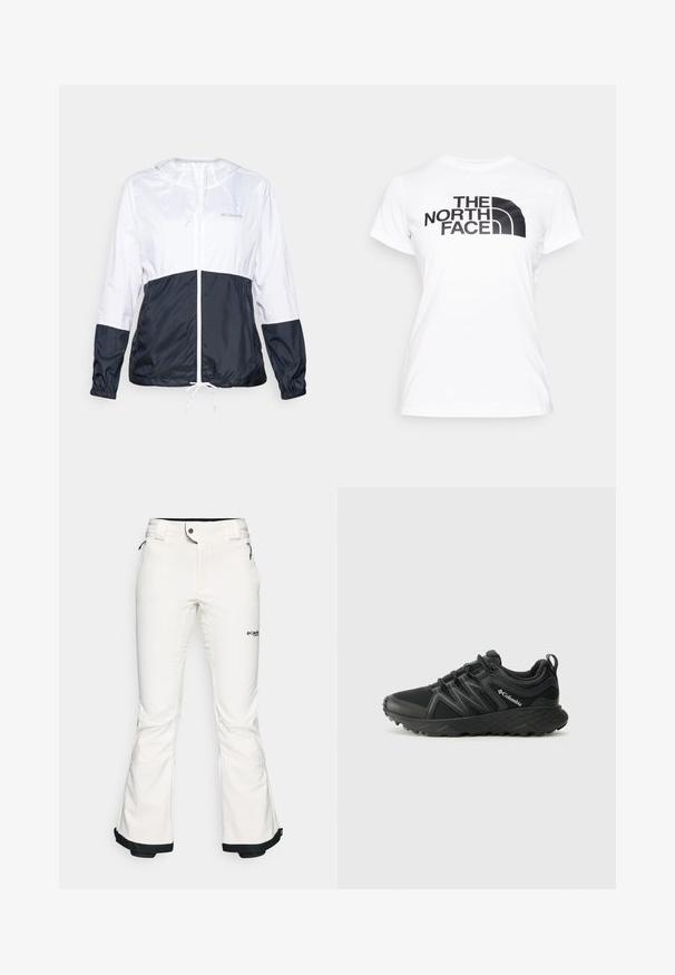 Ελαφρύ, κουκούλα μπουφάν σε λευκό και ναυτικό μπλε, με φερμουάρ μπροστά, κορδόνι στο στρίφωμα και ελαστικούς καρπούς; λεία, γυαλιστερή υφή υφάσματος.; Λευκό βαμβακερό t-shirt με μαύρη γραφική εκτύπωση του λογότυπου "THE NORTH FACE" μπροστά. Κοντά μανίκια και στρογγυλή λαιμόκοψη.; Λευκό σορτς σκι κατασκευασμένο από μαλακό, ευέλικτο υλικό. Διαθέτει εφαρμοστό μέγεθος στη μέση, φαρδιά ανοίγματα στα πόδια και μαύρη διακόσμηση στα μανίκια. Ορατό λογότυπο της μάρκας.; Columbia PEAKFREAK - Παπούτσια πεζοπορίας - black