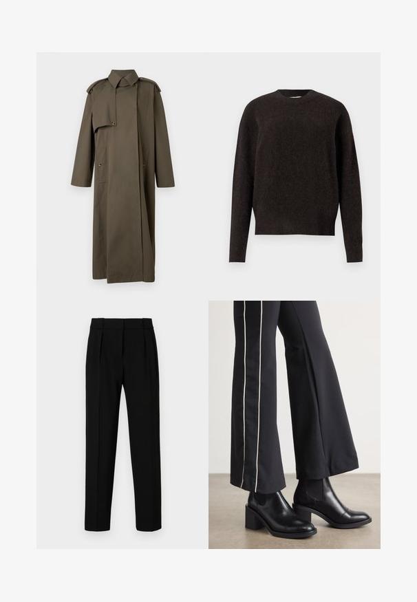 Lang, olivengrønn trenchcoat laget av bomull med høy krage, skulderklaffer, to frontlommer og knappestenging.; Samsøe Samsøe ANOUR - Strikkegenser - black coffee; Svarte skreddersydde bukser med rett passform, plisserte foran, polert stoff og medium midje. Ingen synlige lommer eller detaljer i beslag.; Sorte skinn ankle boots med blokkhæl, med elastiske sidepaneler. Kombinert med sorte bukser som har en hvit sidestripe.