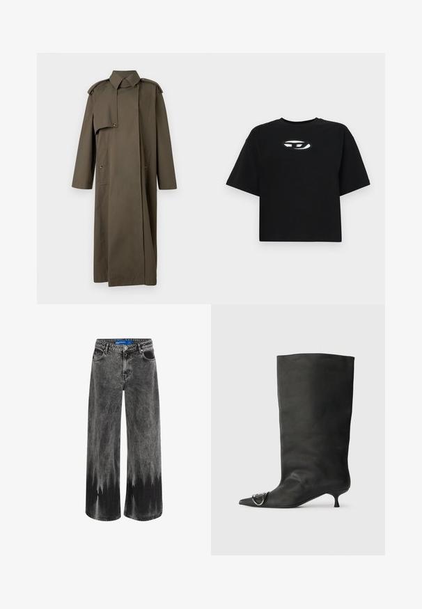 Lång, olivgrön trenchcoat i bomull med hög krage, axelklaffar, två framfickor och knäppning med knappar.; Svart bomullströja med en kort design, korta ärmar och rund halsringning. Har en kontrasterande oval logotyp på bröstet.; Breda jeans i blekt svart denim, med en dip-dye-effekt, stålbeslag och en klassisk femfickorsdesign med standardmidja.; Svart läder ankelstövel med spetsig tå, liten klack och metallisk accentdetalj på tån. Slät, matt yta över hela skon.