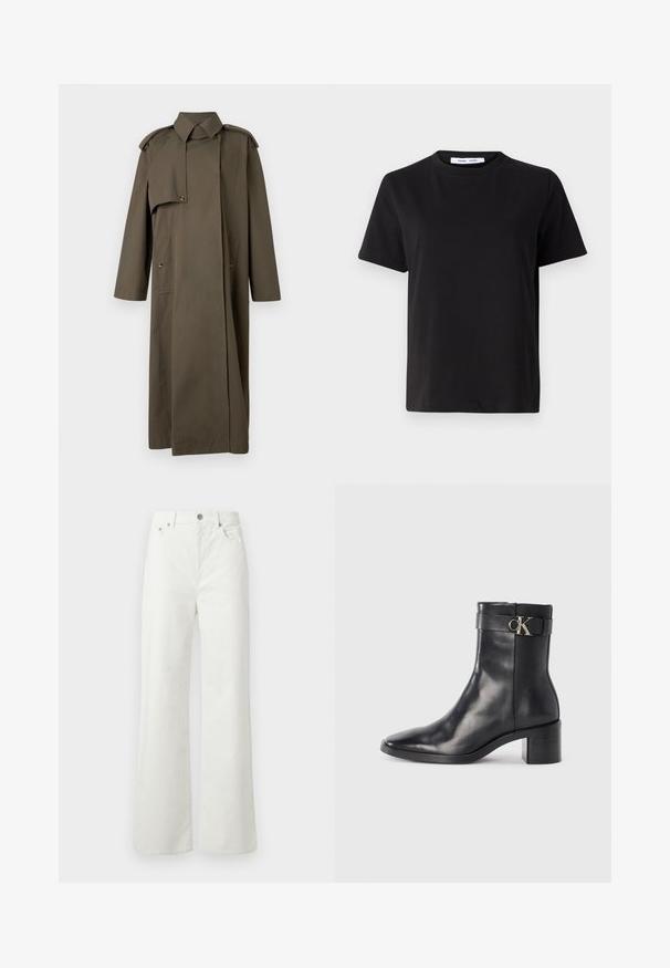 Dugi maslinasto zeleni trenč kot izrađen od pamuka s visokim ovratnikom, ramenim ukrasima, dva prednja džepa i zatvaranjem na gumbe.; Crna kratka majica s kratkim rukavima od mekanog pamuka, s okruglim izrezom, opuštenim krojem i glatkom teksturom. Nema vidljivih uzoraka ili grafike.; Samsøe Samsøe SHELLY - Traperice opuštenog kroja - clear cream; Crna kožna gležnjača s šiljastim vrhom, blok petom i remenom s metalnim logotipom. Glatka tekstura i minimalistički dizajn.