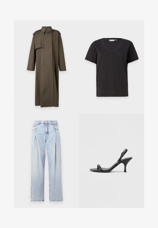 Lang, olivengrønn trenchcoat laget av bomull med høy krage, skulderklaffer, to frontlommer og knappestenging.; Svart bomull T-skjorte med V-hals og korte ermer. Enkel design med vanlig passform og uten mønstre eller detaljer.; Lyseblå denimjeans med høy livlinje, vide ben, to sidelommer og plisserte detaljer. Myk tekstur med en falmet finish.; Sorte skinnhøye hæler med en slank, buet hæl og et kryssrem-design. Justerbar ankelrem. Glatt tekstur.