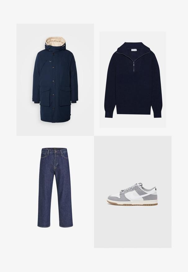 Parka de marina con capucha, dos bolsillos delanteros, cierre de botones y un forro interior beige. Hecha de un tejido duradero con una textura suave.; Suéter de punto azul marino con cuello de media cremallera, que presenta una textura acanalada y un diseño en forma de V en la parte delantera. Manga larga y dobladillo ajustado.; Vaqueros de mezclilla azul oscuro con corte recto, diseño de cinco bolsillos, cierre de botón metálico y costuras en contraste, que presentan una sutil textura.; Zapatilla gris y blanca con parte superior de ante y cuero, puntera redondeada, cordones planos y suela de goma con un acento de goma.