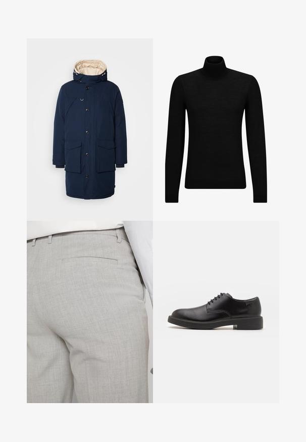 Jachetă parka navy cu glugă, două buzunare frontale, închidere cu buton și căptușeală bej. Fabricată dintr-un material durabil cu o textură netedă.; Pulover negru cu guler înalt, realizat dintr-un material moale, cu mâneci lungi și o croială ajustată. Tiv și mansete cu margine ondulată. Design simplu.; Pantaloni gri deschis croiți, dintr-un material texturat, cu un singur buzunar pe spate și cusături curate.; Pantofii din piele neagră, cu șireturi, au vârful rotunjit, o textură netedă, cusături minime și un toc de cauciuc scăzut. Logo pe toc.