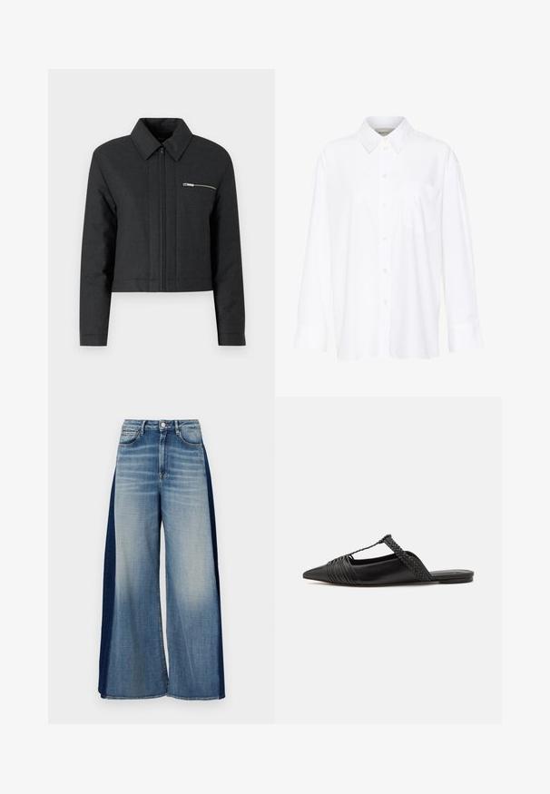 Gekürzte schwarze Jacke aus strukturiertem Material, mit spitzem Kragen, vorderem Reißverschluss und einer kleinen mit Reißverschluss versehenen Tasche auf der linken Brust.; Weißes Langarmhemd mit Kragen aus Baumwolle. Verfügt über eine durchgehende Knopfleiste und eine Brusttasche. Glatte Textur, lockere Passform.; Weite Jeans mit zwei unterschiedlichen Farbtönen, hellblauer Vorderseite und dunkelblauen Seitenteilen, klassischem Taillenbund und Knopfverschluss.; Schwarzer Leder-Slingback-Schuh mit spitzem Zehenbereich, ausgestattet mit einem geflochtenen Akzent und einem gefalteten Oberdesign. Flache Sohle mit minimalem Zubehör.