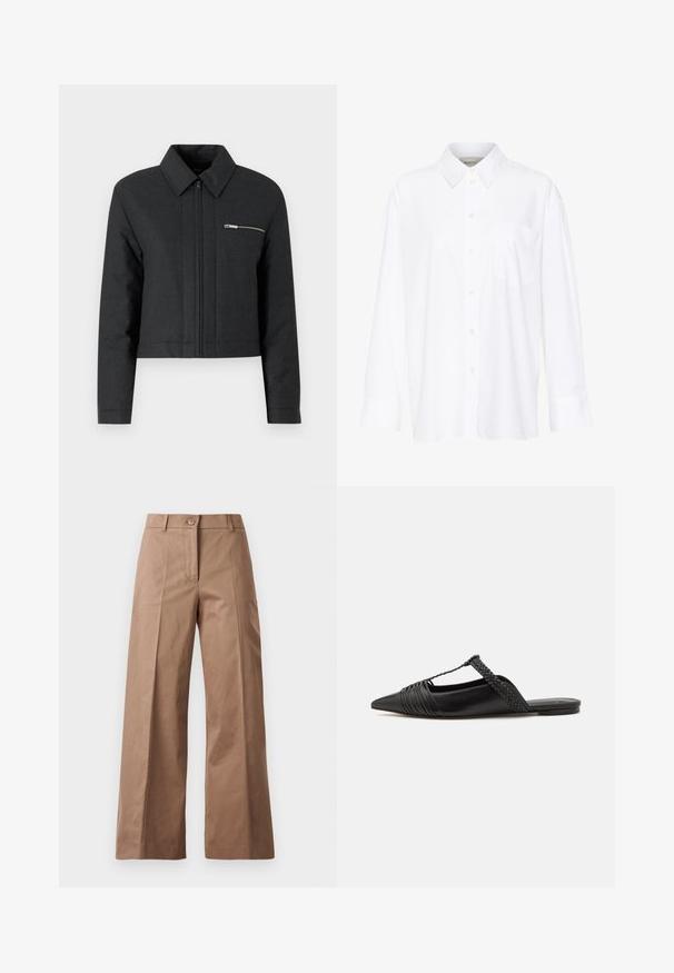 Cropped black jacket made of textured fabric, featuring a pointed collar, front zip closure, and a small zippered pocket on the left chest.; White long-sleeve collared shirt made of cotton. Features a button-down front and a single chest pocket. Smooth texture, relaxed fit.; Brown wide-leg trousers made from a smooth fabric, featuring a front button closure, two front pockets, and clean, tailored lines.; Black leather slingback shoe with a pointed toe, featuring a woven accent and pleated upper design. Flat sole with minimal hardware.