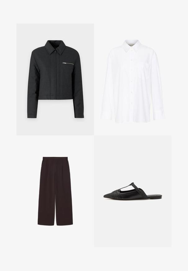 Cropped black jacket made of textured fabric, featuring a pointed collar, front zip closure, and a small zippered pocket on the left chest.; White long-sleeve collared shirt made of cotton. Features a button-down front and a single chest pocket. Smooth texture, relaxed fit.; Dark brown wide-leg pants made of lightweight fabric, featuring a high waist, pleats, and two side pockets, with an elastic waistband.; Black leather slingback shoe with a pointed toe, featuring a woven accent and pleated upper design. Flat sole with minimal hardware.