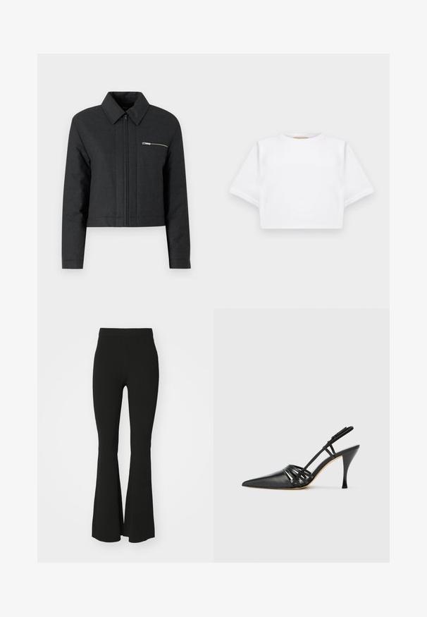 Cropped black jacket made of textured fabric, featuring a pointed collar, front zip closure, and a small zippered pocket on the left chest.; Cropped white t-shirt made of soft fabric, featuring short sleeves, a round neckline, and ribbed hem details. Simple and unembellished design.; Black flared pants made of stretch fabric, featuring a high waist and a smooth, unembellished surface. Simple and form-fitting design.; Black leather high-heeled slingback shoe with pointed toe, crisscross strap design, and slim stiletto heel. Smooth texture and minimal accents.