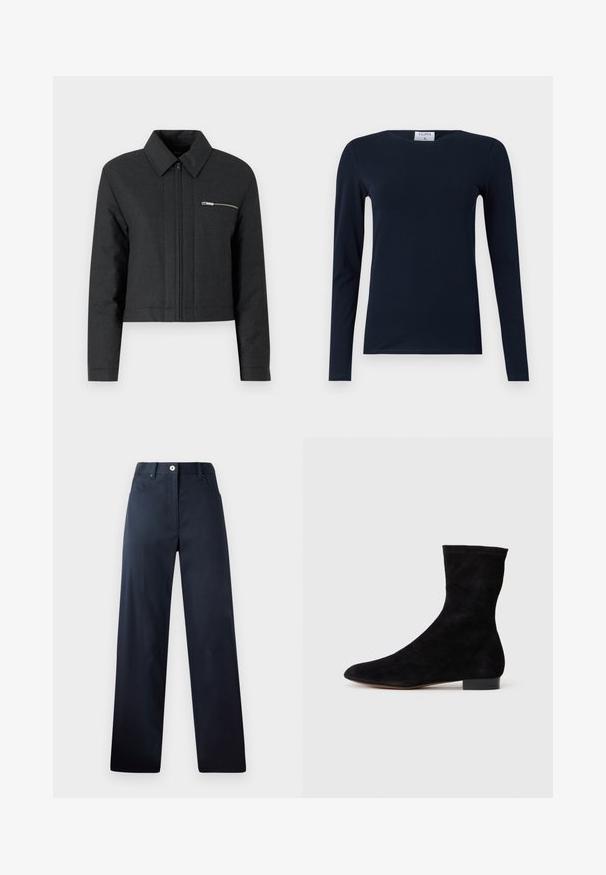 Kort zwarte jack gemaakt van gestructureerde stof, met een puntkraag, een ritssluiting aan de voorkant en een klein ritsvakje op de linkerkant van de borst.; Marineblauwe longsleeve T-shirt, gemaakt van zachte katoen. Kenmerkt zich door een ronde hals, slim fit en een regulier boord zonder zichtbare patronen of accenten.; Donkerblauwe broek met een recht aangesloten ontwerp, gemaakt van zachte stof. Bevat voorzakken, een knoopsluiting en subtiele stikdetails.; Zwarte suède enkelboot met een aansluitende schacht, puntige neus en een lage blokhak. Gladde textuur en minimalistisch ontwerp, geschikt voor veelzijdige styling.