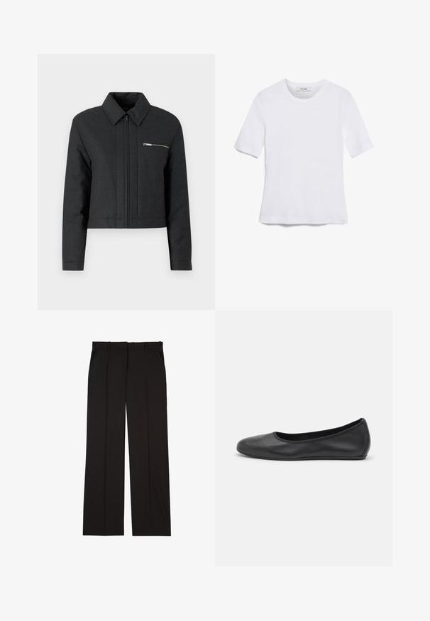 Lühendatud must jakk tekstuuriga kangast, millel on terav krae, ees lukuga sulgemine ja väike lukuga tasku vasakul rinnal.; Valge lühikeste varrukatega T-särk ribatud kangast. Ümara kaelusega, tavalisest sobivusest ja peente õmbluse detailidega. Ilma mustrite või graafikateta.; Mustad kohandatud püksid sujuvast kangast, sirge jala disainiga ja kahe küljetaskuga. Elegantne ja minimalistik ehitus.; Musthave mustika tantsutossud mustast nahast, ümmarguse varbaga, siledast tekstuurist, minimaalse õmblusdetailiga ja paindliku tallakujundusega.