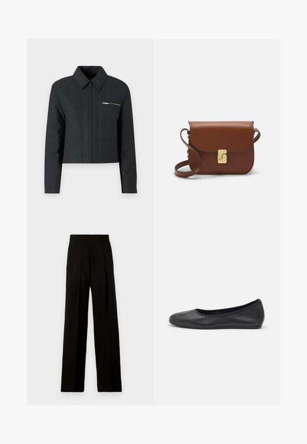 Gekürzte schwarze Jacke aus strukturiertem Material, mit spitzem Kragen, vorderem Reißverschluss und einer kleinen mit Reißverschluss versehenen Tasche auf der linken Brust.; Weißes kurzärmliges T-Shirt aus geripptem Stoff. Runder Halsausschnitt, normale Passform und dezente Nähte. Keine Muster oder Grafiken.; Schwarze, weit geschnittene Hosen aus glattem Stoff, mit hoher Taille, Vorderfalten und einem sauberen, maßgeschneiderten Design ohne Verzierungen.; Schwarze Leder-Ballettschuhe mit abgerundeter Spitze, glatter Textur, minimalen Nähdetails und einem flexiblen Sohlen-Design.; Braune Ledertasche mit Klappenverschluss, Beschlägen in Goldfarbe, einem Schultergurt und einer glatten Oberfläche. Kompakte rechteckige Form.