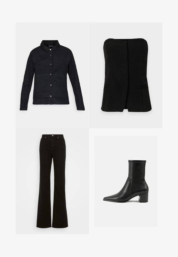 Černá fleecová bunda s knoflíkovou přední částí, se špičatým límcem a dvěma bočními kapsami. Obsahuje kontrastní stehy a štítek s logem na spodním lemu.; Černý bezrukávový top s rovnými výstřihy, přední légou a dvěma skrytými bočními kapsami. Hladká tkanina s dobře padnoucím střihem.; Černé riflové džíny se zvýšeným pasem a rozšířenými nohavicemi, vyrobené z denimu, s knoflíkovým zapínáním, bočními kapsami a hladkým povrchem.; Černé kožené kotníkové boty s hladkým povrchem, špičatou špičkou, blokovým podpatkem a výrazným vyvýšeným šitím na horním okraji.