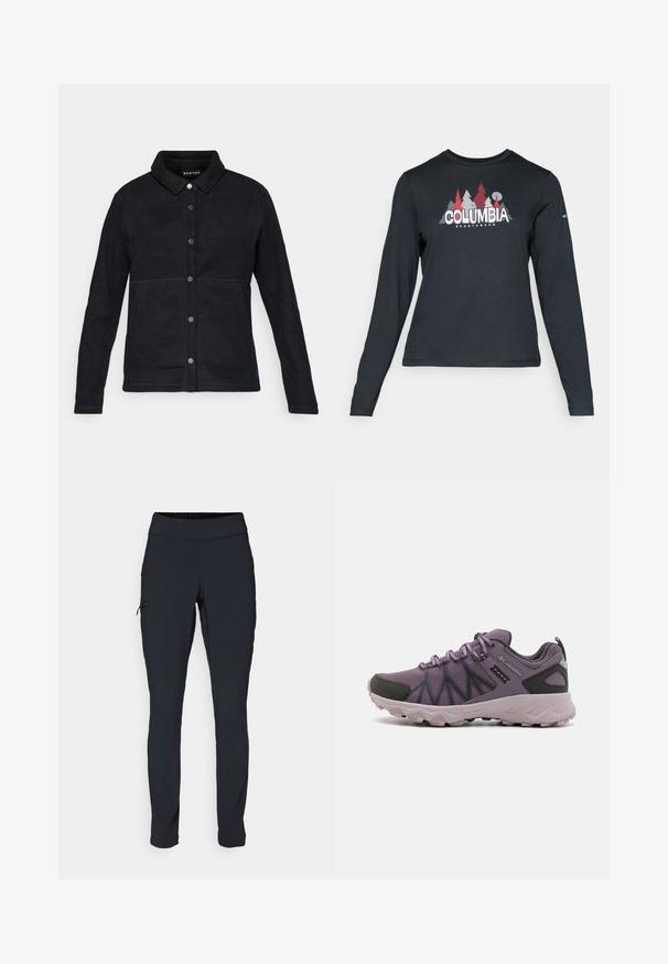 Black fleece jacket with a button-up front, pointed collar, and two side pockets. Features contrasting stitching and a logo tag at the hem.; Long-sleeve dark gray shirt with a graphic of red trees and mountains; "COLUMBIA" logo in bold white text. Soft fabric, standard crew neck.; Black athletic pants with a slim fit, elastic waistband, and a side pocket featuring a zipper. Smooth, stretchy fabric with minimal seams.; Lightweight purple hiking shoes with a mesh upper, black accents, a cushioned sole, and a rugged tread for traction.