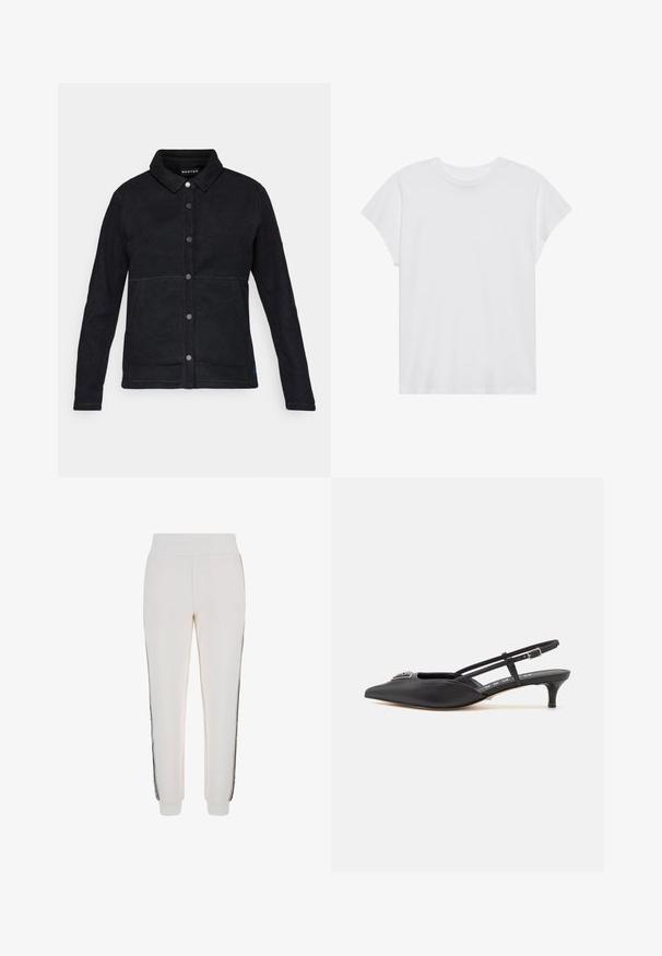 Svart fleecejakke med knappedesign foran, spiss krage og to sidelommer. Har kontrasterende sømmer og et logo-merke ved sømmen.; Hvit t-skjorte med korte ermer og rund hals, avslappet passform, laget av myk bomull. Glatt tekstur, uten mønstre eller logoer.; Hvite joggebukser laget av myk stoff, med ribbestrikket midje og svarte sidestriper med logo detaljer foran.; Sorte slingback-sko med spiss tå, laget av glatt materiale, med en liten hæl og en dekorativ sølvdetalj på stroppen.