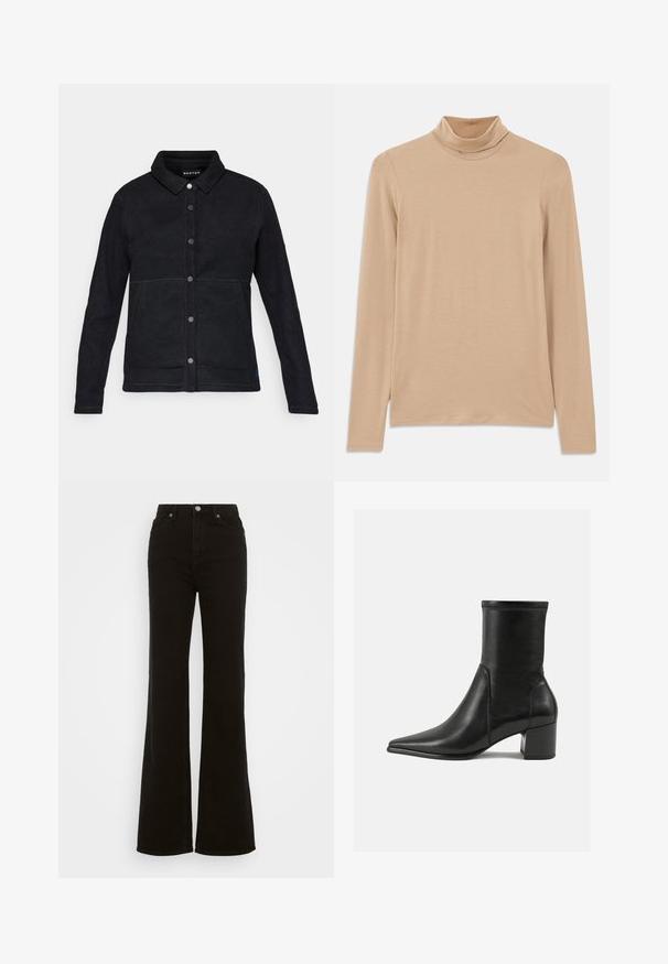 Sort fleecetrøje med knaplukning foran, spidse kraver og to sidelommer. Har kontrasterende syninger og et logopatch i sømmen.; Beige langærmet turtleneck top lavet af blødt, struktureret stof; har en slim fit og høj halsudskæring. Ingen synlige mønstre eller hardware.; Høj talje sorte flare jeans lavet af denim, med knaplukning, sidelommer og en glat tekstur.; Sorte ankelstøvler lavet af glat læder, med spids tå, en blokhæl og markant hævet syning ved den øverste kant.