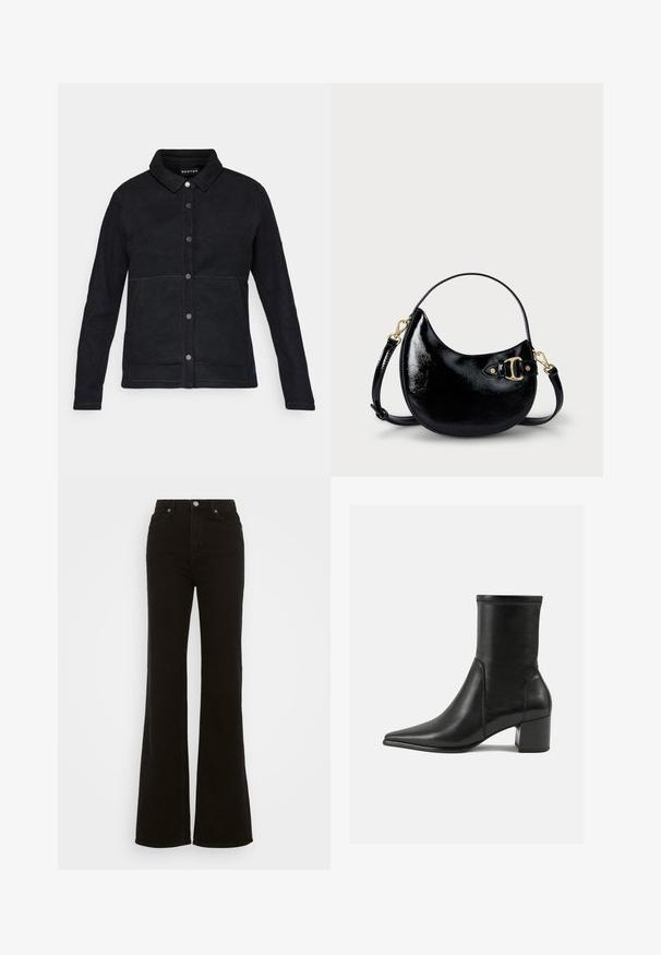 Zwarte fleecetak met een knoopsluiting aan de voorkant, puntige kraag en twee zijzakken. Heeft contrasterende stiksels en een logo-label aan de onderkant.; Beige langmouw turtleneck top gemaakt van zachte, textuurstof; heeft een slim fit en hoge halslijn. Geen zichtbare patronen of hardware.; Hoge taille zwarte flared jeans van denim, met een knoopsluiting, zijzakken en een gladde textuur.; Zwarte enkelboot van soepel leer, met een spitse neus, een blokhak en duidelijke verhoogde stiksels aan de bovenrand.; Zwarte gepatineerde leren handtas met een gebogen vorm, verstelbare schouderband en gouden hardwaredetails aan de zijkant. Gladde, glanzende textuur.