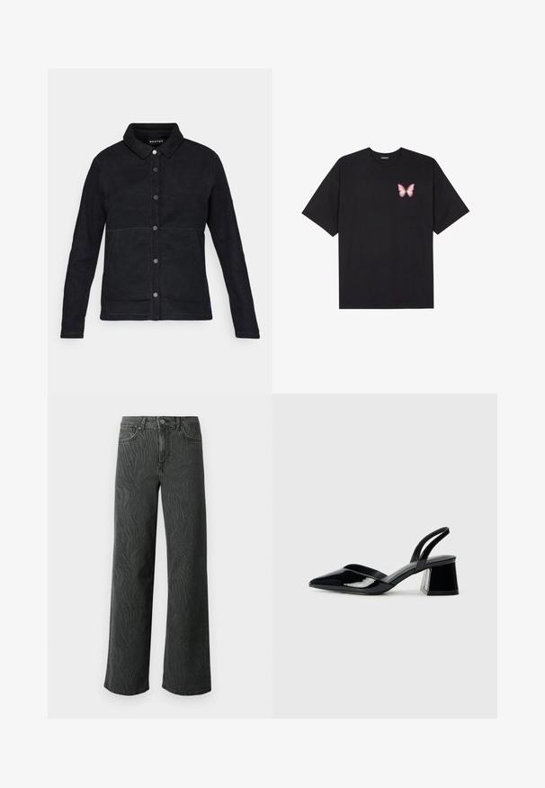 Schwarze Fleecejacke mit Knopfverschluss, spitzem Kragen und zwei seitlichen Taschen. Verfügt über kontrastierende Nähte und ein Logoschild am Saum.; Schwarzes Baumwoll-T-Shirt mit kurzen Ärmeln, das ein kleines pinkes Schmetterlingsmotiv auf der linken Brust zeigt. Crewneck-Design mit einem entspannten Schnitt.; Weite Jeans aus dunkelgrauem Denim, mit einer subtilen Zebra-Muster-Struktur, kontrastierenden Nähten und einem Fünf-Taschen-Design mit einem Knopfverschluss.; Schwarze Lackleder-Slingback-High Heels mit spitzem Schuh und einem geometrischen Blockabsatz. Verfügt über ein schlankes, minimalistisches Design und eine glatte Textur.