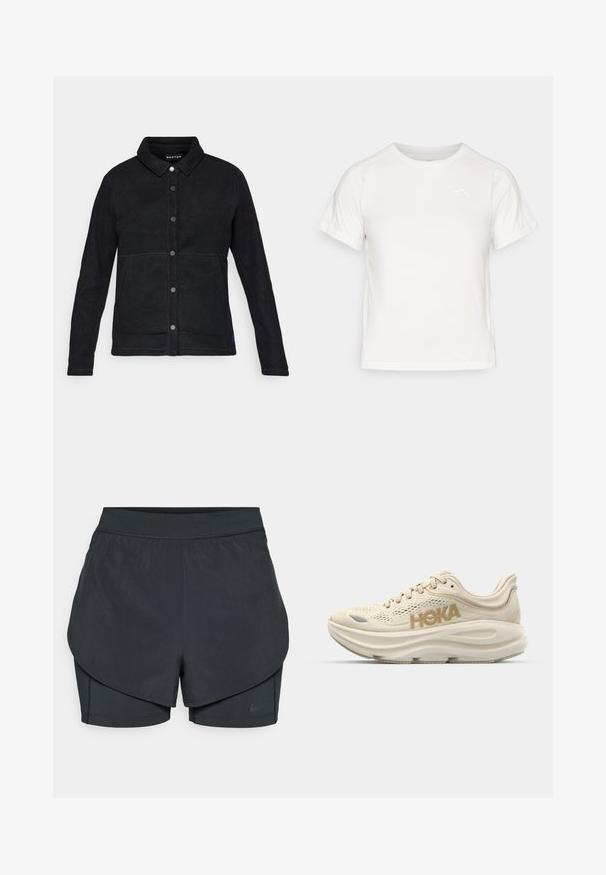 Jachetă din fleece neagră cu închidere butonată, guler ascuțit și două buzunare laterale. Prezintă cusături contrastante și un eticheta cu logo la margine.; Tricou alb ușor, cu mâneci scurte, guler rotund și un logo mic în colțul din stânga sus. Material neted cu un luciu subtil.; Șorturi sportive negre cu un design stratificat, având o strat exterior neted și șorturi interioare ajustate. Fabricate dintr-un material ușor și elastic.; Pantofii de alergare de culoare bej deschis, cu un superior din plasă, guler căptușit, logo-ul proeminent "HOKA" în aur și o talpă groasă, căptușită pentru confort.
