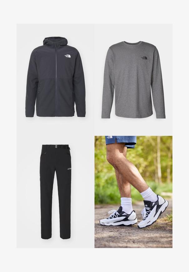 Černá zipová huňatá bunda z lehkého materiálu s hladkou texturou. Obsahuje boční kapsy a logo na hrudi.; The North Face M L/S SIMPLE DOME TEE - Top s dlouhým rukávem - medium grey heather; Černé venkovní kalhoty s hladkým materiálem, bočními zipovými kapsami, zesílenými částmi kolen a nastavitelným pasem se sponou.; Černobílé sportovní boty s síťovaným svrškem, texturovanými akcenty a bílými tkaničkami. Nosené s bílými kotníkovými ponožkami a námořnickými šortkami na stezce.