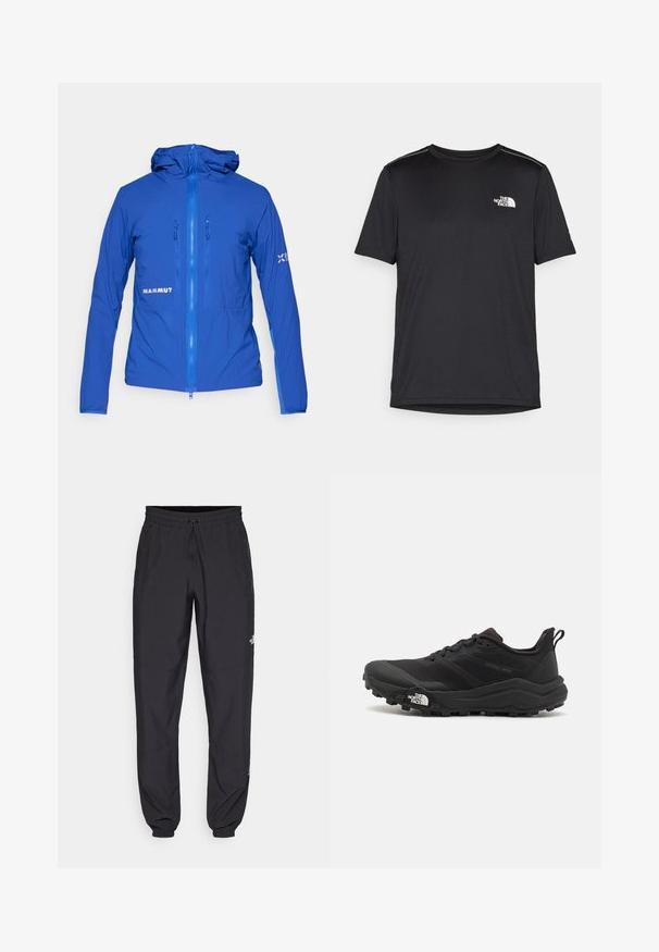 Giacca leggera blu con cappuccio, cerniere frontali e polsini elasticizzati. Presenta un logo visibile sul lato e un tessuto liscio e strutturato.; T-shirt nero a maniche corte realizzata in tessuto leggero. Presenta un piccolo logo bianco sul lato sinistro del petto e delicati dettagli sulle spalle.; Pantaloni sportivi neri realizzati in tessuto leggero, con vita regolabile con cordino, tasche laterali e orli affusolati alle caviglie.; Scarpa da trail running nera con tomaia texture, suola in gomma e punta rinforzata. Presenta un collare imbottito e un tassello per un indossamento facile.