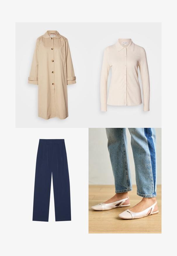 Lollys Laundry Klasický kabát - ecru; Svetlo béžová dlhá rukávová košeľa z ľanu, s golierom a zapínaním na gombíky, s hladkou textúrou a jednoduchým dizajnom.; Námornícky modré nohavice s širokými nohavicami vyrobené z mäkkej tkaniny, s prednými skladmi, hladkou štruktúrou a rovnými siluetami bez viditeľných vreciek.; Svetloružové slingback baleríny s jemne špicatou špičkou, vyrobené z hladkého materiálu pripomínajúceho kožu. Majú výrezové detaily na stranách a plochý opätok.