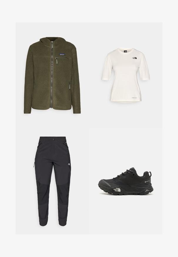Patagonia RETRO HOODY - Jakna iz flisa - pine needle green; The North Face SHADOW SHORT SLEEVE - Športne majice - white dune; Črne zunanje hlače iz trpežnega materiala. Imajo žepke na zadrgo, ojačane kolenske dele in ravno krojeno zasnovo za prosto gibanje.; Črne pohodne čevlje z teksturirano zgornjim delom, vezalnim zapiranjem in masivnim gumijastim podplatom, ki ima opazen logotip na strani in vzorce profila.