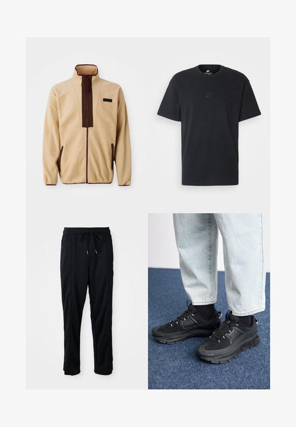 Šviesiai rudas fliso švarkas su aukštu apykakle, priekyje užtrauktukas, rudais akcentais, dviem šoninėmis kišenėmis ir mažas logotipo etiketė ant krūtinės.; Juodas medvilninis Nike marškinėliai su klasikinėmis apykaklėmis, trumpomis rankovėmis ir subtiliu, įspaustu logotipu ant krūtinės. Sklandus tekstūra.; Juodos laisvos kelnės su raišteliu liemens, šoninėmis kišenėmis ir tiesiu kirpimu ant vienodos fono.; Juodi sportiniai bateliai su tekstūruota medžiaga ir guminiais padais, su elastingomis raišteliais ir mėlynu akcentu ant kulno. Dėvimi su šviesiai mėlynomis džinsinėmis kelnėmis.