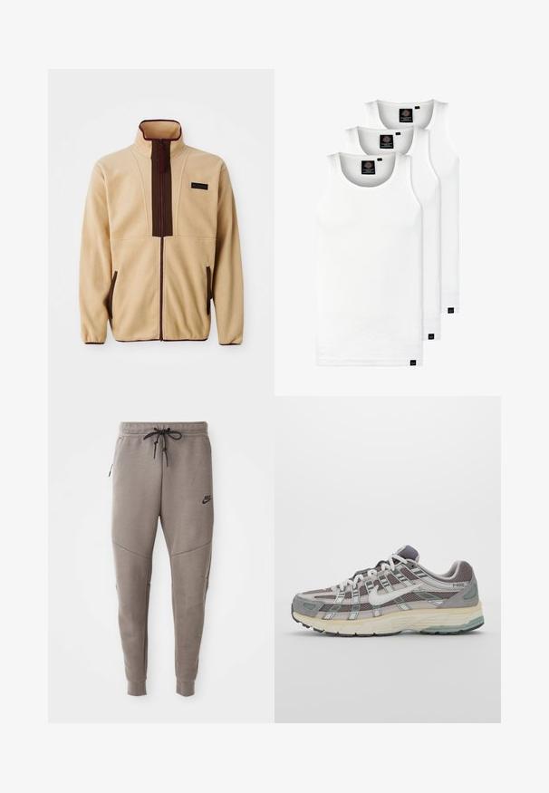 Beige színű plüssdzseki magas gallérral, elöl cipzárral, barna kiegészítőkkel, két oldalsó zsebbel és egy kis logó címkével a mellkason.; Három fehér csíkos pamut trikó. Felső része kerek nyakkivágású, és a szegély közelében kis fekete címkék találhatók. Több méretben elérhető.; Szürke Nike melegítőnadrág húzózsinórral a deréknál, keskeny lábakkal, oldalsó zsebekkel és jellegzetes varrás részletekkel. Puha, texturált anyag.; Szürke sportcipő, hálós és velúr felsőrésszel, fehér részletekkel, párnázott talppal és jellegzetes dizájnnal, amely visszaverő elemeket tartalmaz.