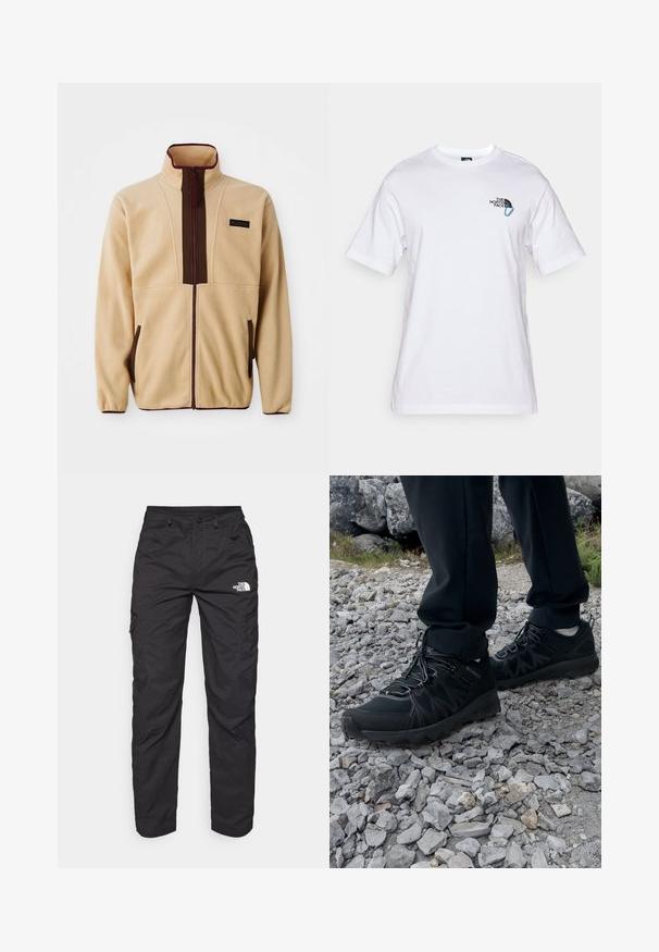 Giacca in pile beige con colletto alto, chiusura frontale con zip, accenti marroni, due tasche laterali e un piccolo etichetta logo sul petto.; The North Face EXPLORE CARABINER RELAXED TEE UNISEX - T-shirt con stampa - white; Pantaloni cargo neri realizzati in tessuto leggero. Presentano tasche laterali con zip e un logo sulla coscia sinistra. Design a gamba dritta.; Scarpe da esterni nere realizzate in mesh e materiale sintetico, con una parte superiore testurizzata, un sistema di allacciatura sicuro e una suola robusta, su terreno roccioso.