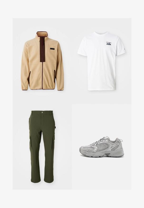 Beige fleece jacket with a high collar, front zip closure, brown accents, two side pockets, and a small logo label on the chest.; White cotton t-shirt with short sleeves. Features a navy logo on the left chest. Simple crew neck design, smooth texture.; Olive green cargo pants made of lightweight fabric. Features straight legs, multiple side pockets, and a button closure at the waist.; Silver athletic shoe with a sleek design, mesh panels, padded tongue, textured synthetic upper, and rubber outsole for traction.