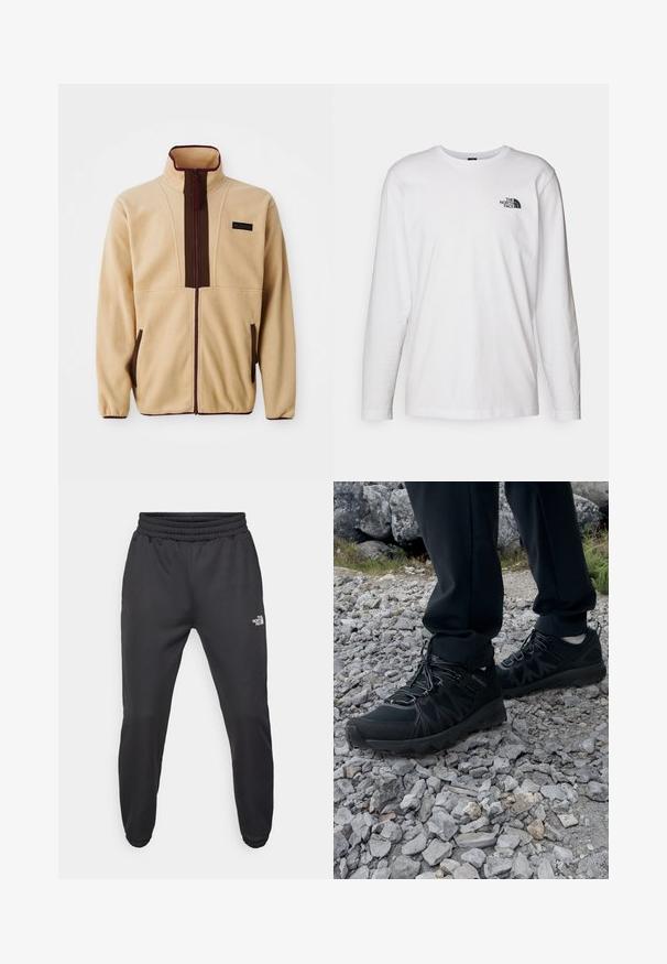 Giacca in pile beige con colletto alto, chiusura frontale con zip, accenti marroni, due tasche laterali e un piccolo etichetta logo sul petto.; T-shirt bianco a maniche lunghe in cotone con colletto rotondo. Presenta un piccolo logo nero sul petto. Texture liscia, vestibilità regolare.; Pantaloni sportivi neri con vita regolabile tramitecordino, vestibilità affusolata, polsini elasticizzati e un piccolo logo bianco sulla coscia sinistra, realizzati in tessuto morbido.; Scarpe da esterni nere realizzate in mesh e materiale sintetico, con una parte superiore testurizzata, un sistema di allacciatura sicuro e una suola robusta, su terreno roccioso.