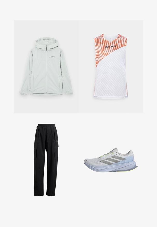 Hellgraue wasserdichte Jacke mit Kapuze, Reißverschluss und Terrex-Logo, mit langen Ärmeln und verstellbaren Manschetten für eine sichere Passform.; Weißes ärmelloses Sporttop mit orangefarbenen diagonalen Streifen, strukturierter Oberfläche und "TERREX"-Logo auf der oberen Vorderseite.; Schwarze Cargo-Hosen mit einem elastischen Bund, zwei seitlichen Taschen und einem leicht geschnittenen Bein. Hergestellt aus leichtem Material.; Laufschuhe mit einem leichten Netz-Obermaterial in Weiß, akzentuiert mit grauen Streifen. Die Sohle hat eine leichte Kurve und neon-gelbe Akzente.