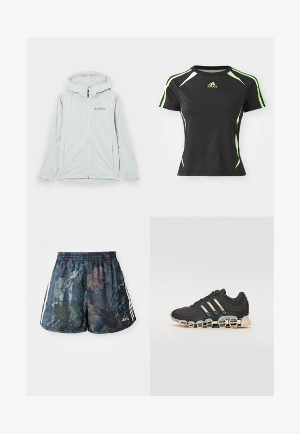 Light grey waterproof jacket with a hood, zip closure, and Terrex logo, featuring long sleeves and adjustable cuffs for a secure fit.; Black athletic t-shirt featuring short sleeves, green accents on the shoulders and sides, made from a smooth, flexible material.; Adult shorts featuring a multicolored leaf pattern on a dark background, with an elastic waistband and side stripes in white.; Black athletic shoe with a textured upper, three silver stripes, and a distinctive cushioning sole featuring multiple integrated sections.