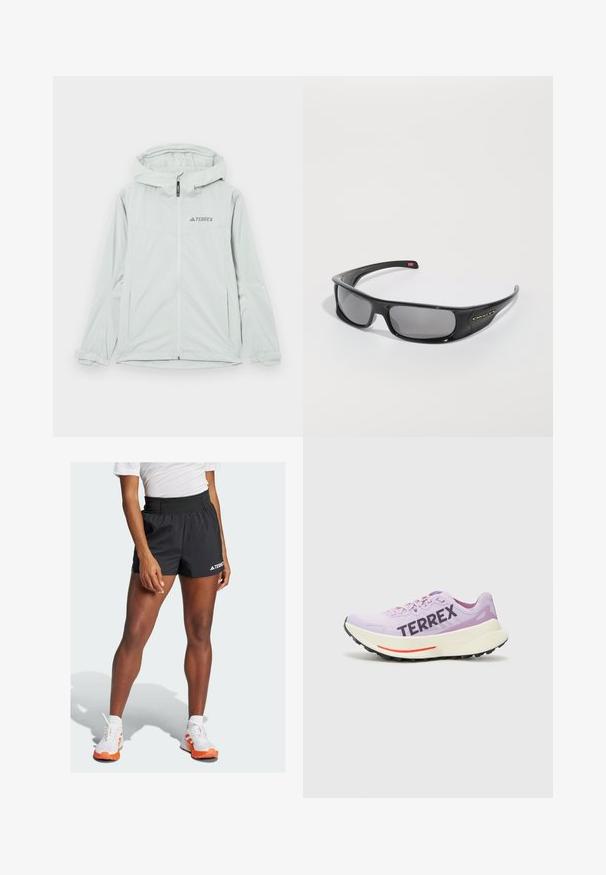 Veste imperméable gris clair avec capuche, fermeture éclair et logo Terrex, dotée de manches longues et de poignets ajustables pour un ajustement sécurisé.; Chemise de performance à manches longues bleu marine avec un col ras du cou, présentant un logo "Terrex" blanc et des panneaux latéraux en mesh texturé.; Shorts de sport noirs avec une large ceinture, arborant le texte "TERREX" et un logo Adidas. Associés à des chaussures blanches accentuées de orange.; Chaussure de course violette avec tige en maille respirante, logo "TERREX" en évidence, semelle intermédiaire blanche et semelle extérieure en caoutchouc noir avec accents rouges.; Lunettes de soleil noires Oakley en forme d'enroulement avec des verres rectangulaires foncés et des bras courbés sur un fond blanc uni.