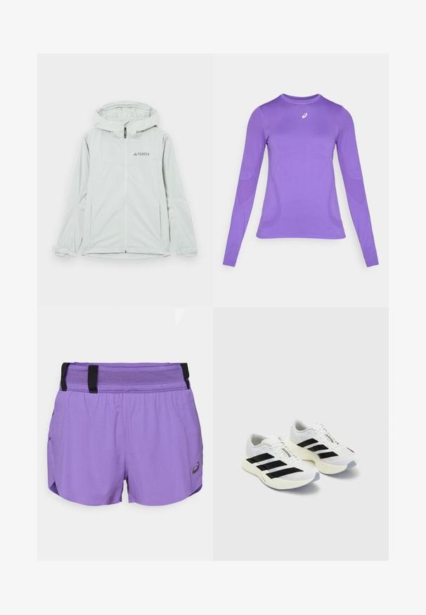 Casaco impermeável cinza claro com capuz, fecho de correr e logótipo Terrex, apresentando mangas compridas e punhos ajustáveis para um ajuste seguro.; Camisola atlética de mangas longas em tecido lilás claro, apresentando um design ajustado, gola redonda e uma textura subtil com detalhes do logo no peito.; ASICS METARUN SPLIT SHORT - Calções desportivos - edo purple; Ténis brancos de desporto com riscas e marcação pretas, apresentando um cabedal em malha, bico arredondado e sola espessa em creme para amortecimento.