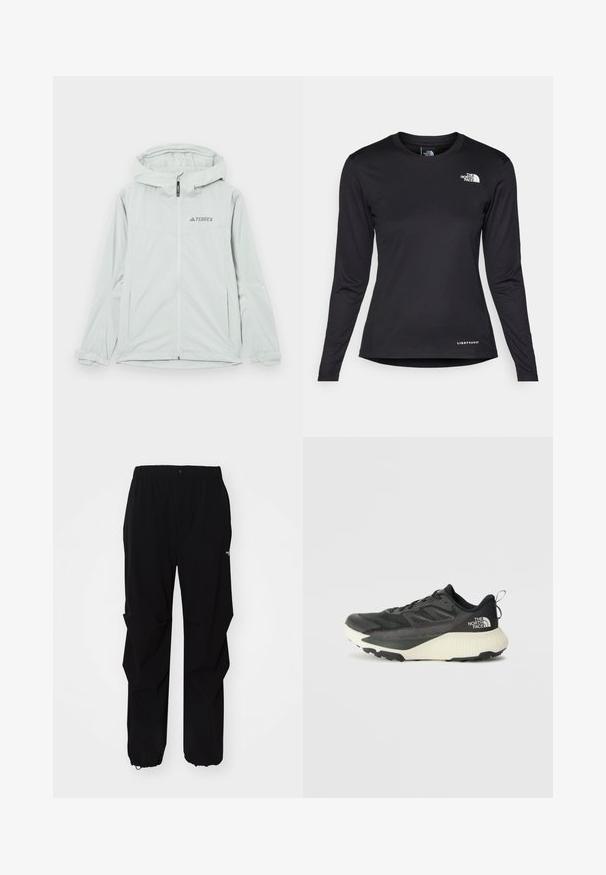 Jasnoszara wodoodporna kurtka z kapturem, z zamkiem błyskawicznym i logo Terrex, z długimi rękawami i regulowanymi mankietami zapewniającymi pewne dopasowanie.; The North Face - Bluzka z długim rękawem; Czarne spodnie na świeżym powietrzu wykonane z wytrzymałego materiału, z luźnym krojem, elastycznym pasem i ściągaczami przy mankietach, umożliwiającymi regulację długości.; Czarne sportowe buty z teksturowaną cholewką, z szarymi akcentami i białą podeszwą środkową. Zawierają pętelkę do zakładania oraz wyraźne logo marki na pięcie.