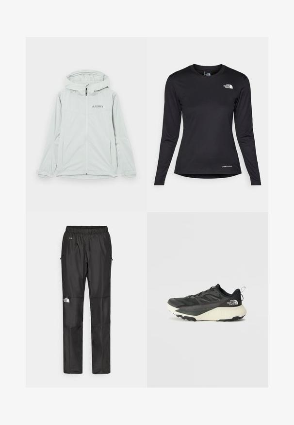 Svetlo siva vodoodporna jakna s kapuco, z zadrgo in logotipom Terrex, dolge rokave in nastavljive manšete za varen oprijem.; The North Face SHADOW LONG SLEEVE - Majica z dolgimi rokavi - black; Črne nepremočljive hlače iz lahkega materiala, z elastičnim pasom, stranskimi žepi in logotipom na levi nogi.; Črne atletske čevlje z teksturiranim zgornjim delom, ki imajo sivo obrobo in belo srednjo podplat. Vključujejo zanko za vprego in izstopajočo blagovno znamko na peti.