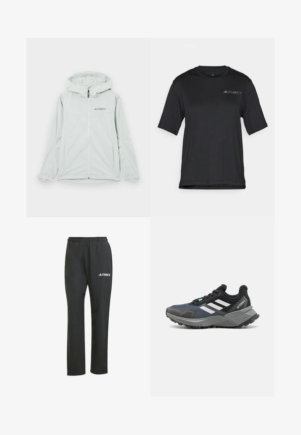 Lysegrå vandtæt jakke med hætte, lynlås, og Terrex-logo, med lange ærmer og justerbare manchetter for en sikker pasform.; Sort kortærmet T-shirt lavet af letvægtsstof. Har rund halsudskæring og et lille, hvidt "TERREX"-logo på brystet.; Sorte letvægtsbukser med elastisk talje. Har et diskret "TERREX" logo i hvid. Glat stof og lige ben-design.; Sportssko med mesh-overdel i nuancer af sort og blå. Har hvide striber, grå gummisål og struktureret mellemsål for greb.