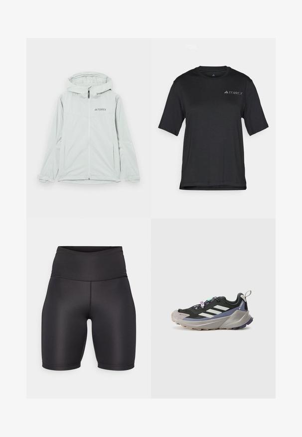 Light grey waterproof jacket with a hood, zip closure, and Terrex logo, featuring long sleeves and adjustable cuffs for a secure fit.; Black short-sleeve T-shirt made of lightweight fabric. Features a crew neckline and a small, white "TERREX" logo on the chest.; Black athletic shorts with a high waistband, made of smooth, stretchy fabric. Features a seamless design and knee-length cut.; Black athletic shoe with Gore-Tex upper, white stripes, purple accents, thick gray midsole, and textured gray outsole for grip.