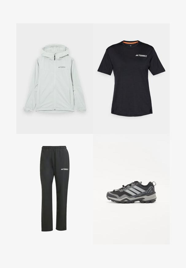 Világosszürke vízálló dzseki kapucnival, cipzáras záródással és Terrex logóval, hosszú ujjakra és állítható mandzsettákra készült a biztonságos illeszkedés érdekében.; Fekete, rövid ujjú póló kerek nyakkivágással, finom melírozott textúrával, a bal felső sarokban fehér "TERREX" logóval.; Fekete, könnyű anyagú nadrág, gumis derékkal. Diszkrét, fehér „TERREX” logóval rendelkezik. Sima anyag és egyenes szabás.; Fekete és szürke túracipő, texturált felülettel, gumitalppal és három kiemelkedő szürke csíkkal az oldalon; gyorsfűző rendszerrel rendelkezik.
