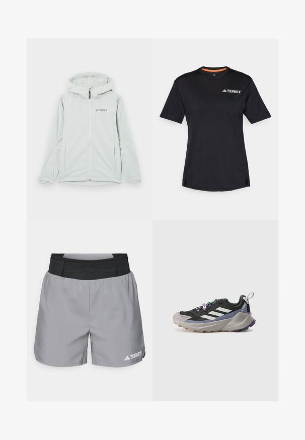 Veste imperméable gris clair avec capuche, fermeture éclair et logo Terrex, dotée de manches longues et de poignets ajustables pour un ajustement sécurisé.; T-shirt noir à manches courtes avec col rond, présentant une texture chinée subtile et un logo "TERREX" blanc sur le côté supérieur gauche.; Shorts de sport gris avec une taille élastique noire, en matériau léger, coupe décontractée et accent de logo blanc sur le bas à droite.; Baskets noires en textile Gore-Tex, avec des rayures blanches, des accents violets, une épaisse semelle intermédiaire grise et une semelle extérieure grise texturée pour une meilleure adhérence.