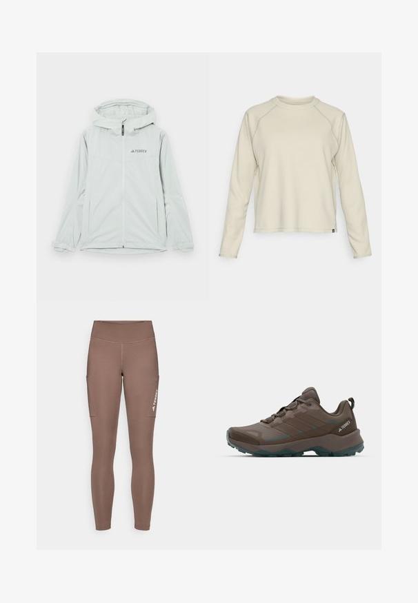 Lichtgrijze waterdichte jack met capuchon, ritsluiting en Terrex-logo, met lange mouwen en verstelbare manchetten voor een goede pasvorm.; Lichtbeige lange mouw top met een textuur, ribbel ontwerp. Heeft raglanmouwen en een ronde halslijn. Subtiele merklogo aan de zoom.; Bruine sportleggings met een hoge tailleband, voorzien van zijzakken en een wit logo. Gladde, rekbare stof voor comfort en bewegingsvrijheid.; Grijze en teal wandelschoenen met gaaspanelen, gestructureerde bovenkant en robuuste rubberen outsole. Voorzien van een gevoerde tong en vetersluiting.