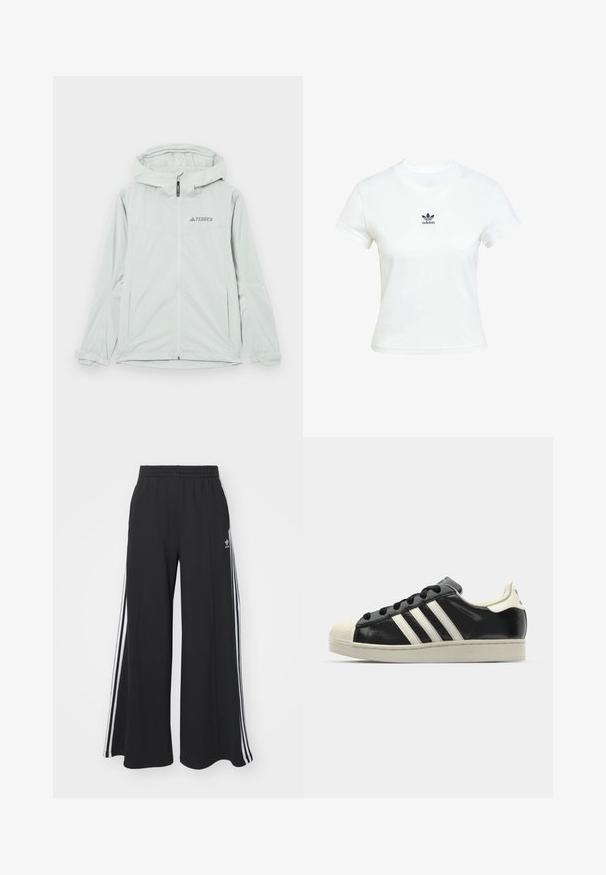 Hellgraue wasserdichte Jacke mit Kapuze, Reißverschluss und Terrex-Logo, mit langen Ärmeln und verstellbaren Manschetten für eine sichere Passform.; Weißes Baumwoll-T-Shirt mit kurzen Ärmeln und Rundhalsausschnitt. Verfügt über ein schwarzes Adidas-Logo, das auf der Brust gedruckt ist. Einfaches, minimalistisches Design.; Schwarze weite Sweatpants mit elastischem Bund, versehen mit weißen Seitestreifen und einem gestickten Logo auf dem linken Oberschenkel.; Schwarze Ledersneaker mit weißen Streifen, Gummikappe, schwarzen Schnürsenkeln und einer cremefarbenen Sohle. Glatte Textur mit glänzender Oberfläche.