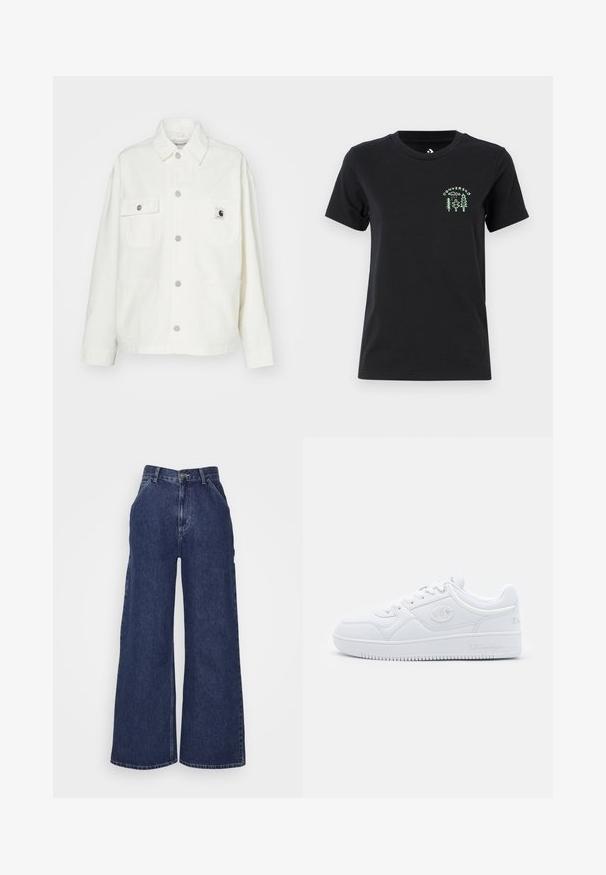 Witte katoenen jas met een knoopsluiting aan de voorkant, twee borstzakken en een vierkante logopatch. Ontspannen pasvorm met lange mouwen en zichtbare stiksels.; Converse FOREST ART TEE - T-shirt print - black; Brede denim jeans in donkerblauw, met een hoge taille, zijzakken en een ritssluiting met een metalen knop. Gladde textuur en klassiek ontwerp.; Witte sneaker van glad synthetisch materiaal, met ronde neus, platte zool en subtiele logo-accenten aan de zijkanten. Klassiek laag ontwerp.