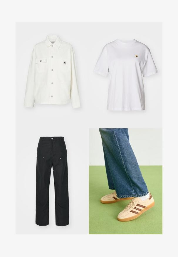 Chaqueta de algodón blanca con cierre de botones en la parte frontal, dos bolsillos en el pecho y un parche de logo cuadrado. Corte holgado con mangas largas y costuras visibles.; Camisa de algodón blanca con corte relajado, mangas cortas y un pequeño logotipo bordado en el área del pecho izquierdo.; Pantalones negros con un diseño de pierna recta, hechos de una tela texturizada. Presentan adornos de metal plateado decorativos y un diseño de costura único.; Zapatillas beige con paneles de crema texturizados y rayas marrones, combinadas con unos jeans de mezclilla azul. Los jeans tienen un corte de pierna ancha y dobladillo deshilachado.