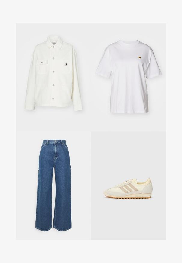 White cotton jacket featuring a button-up front, two chest pockets, and a square logo patch. Relaxed fit with long sleeves and visible stitching.; White cotton t-shirt with a relaxed fit, short sleeves, and a small embroidered logo on the left chest area.; Wide-leg blue denim trousers with a high waist, contrasting stitching, and side pockets, featuring a classic five-pocket design and raw hems.; Cream athletic sneaker featuring three beige stripes, suede and textile materials, a textured sole, and embossed branding on the heel.